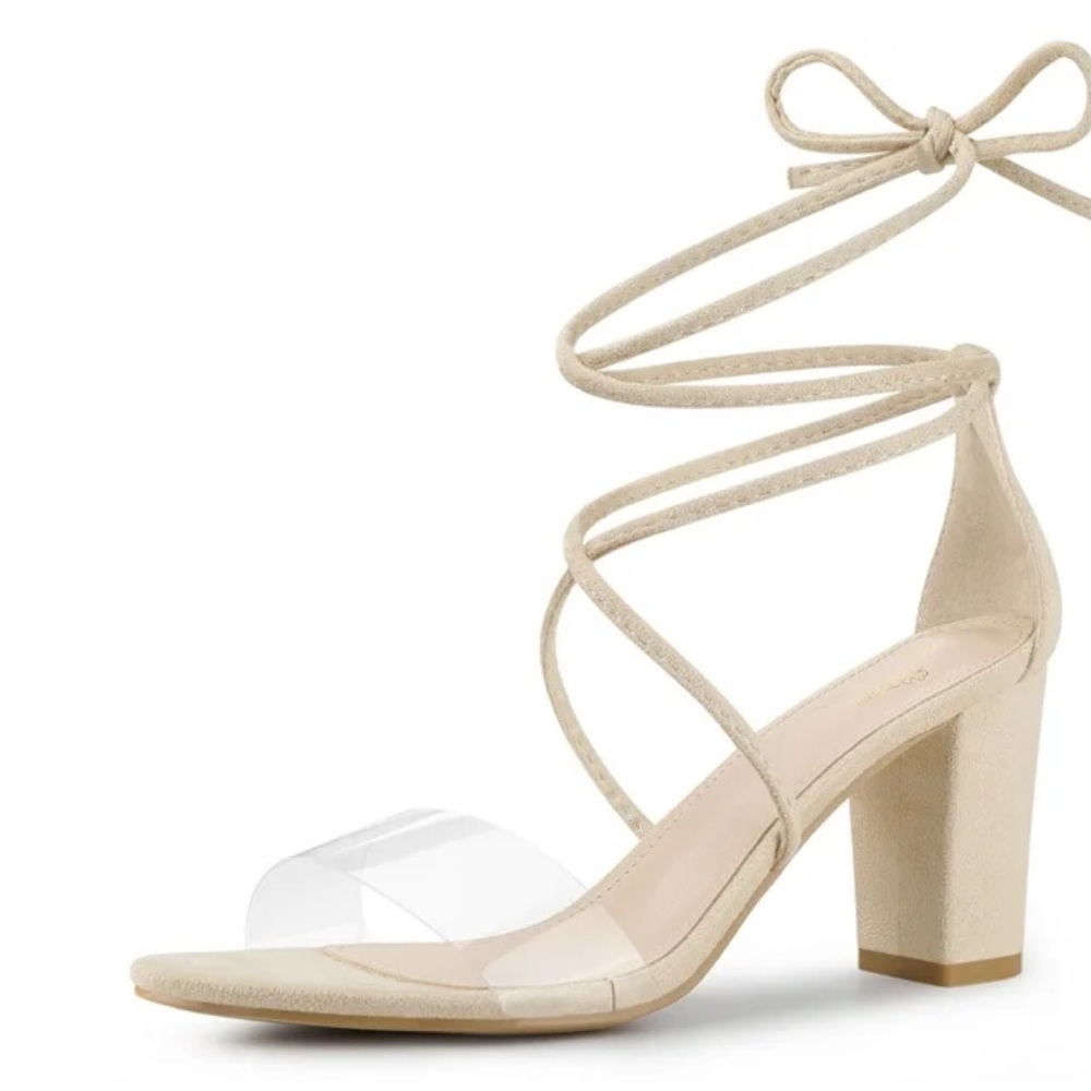 Perphy brand clear toe strap lace up block heels beige color